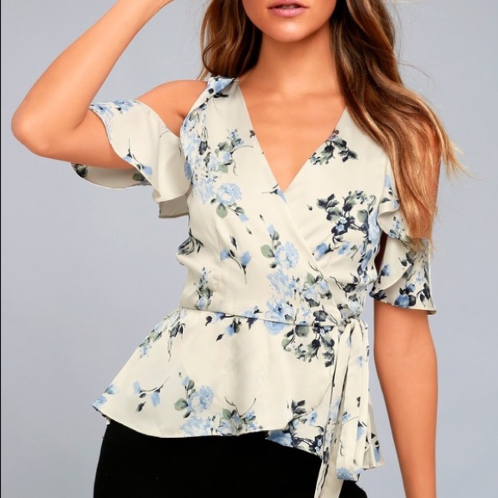 Floral print open shoulder wrap top